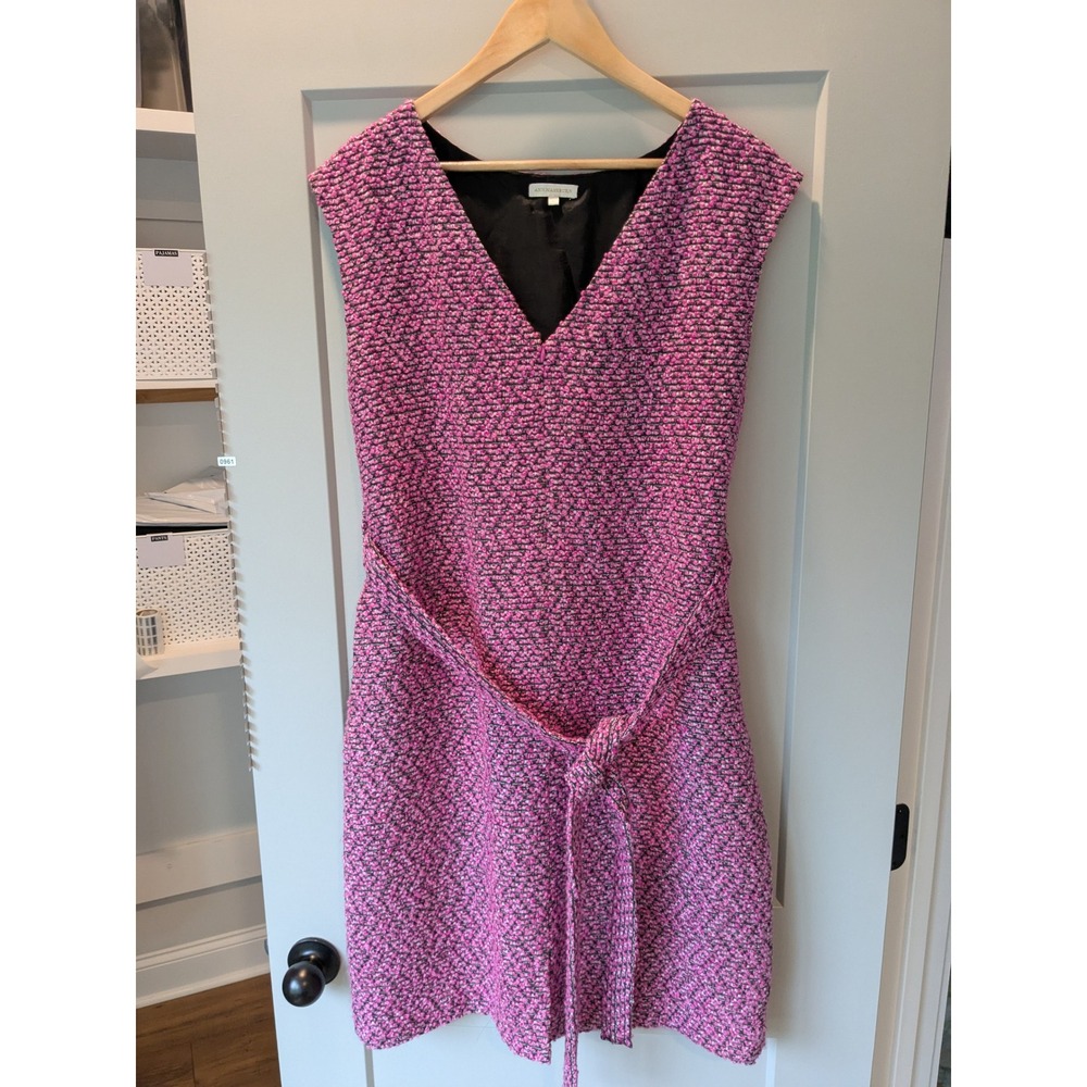 Ann Mashburn Pink Tweed Dress Sleeveless V Neck Tie Waist Career
